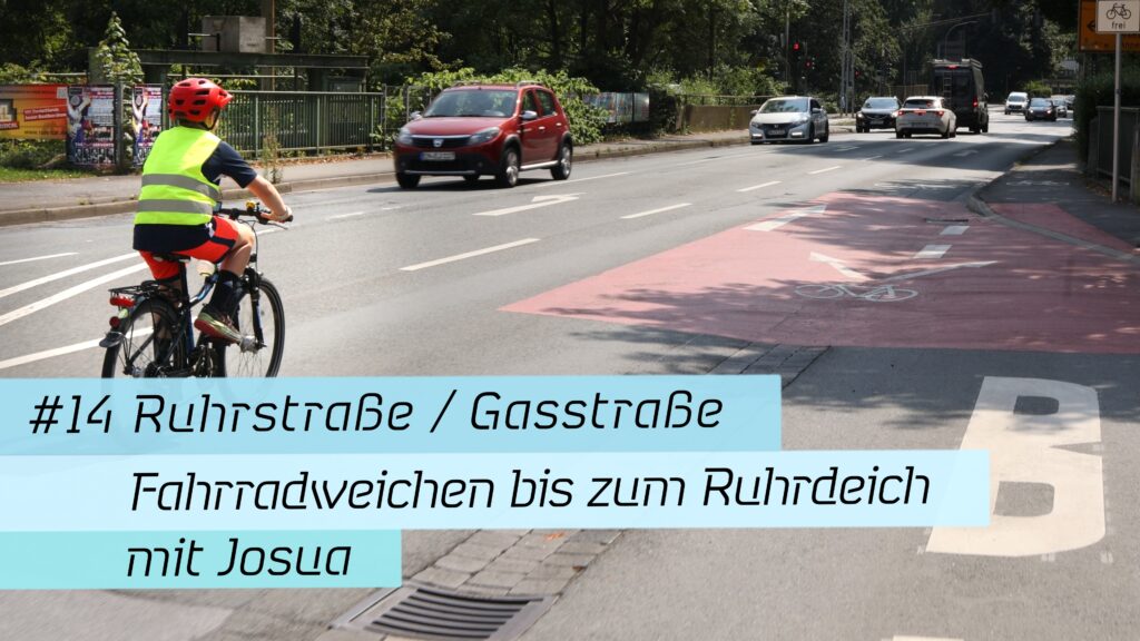 Josua fährt auf der Ruhrstraße über die Fahrradweichen von Haus Witten bis über die Ruhrdeichkreuzung.